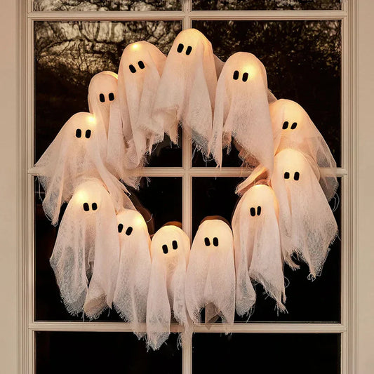 🔥 2025 HOT SALE -👻 ✨ Spooky Halloween Glow Wreath – Light Up Your Home with LED Ghostly Charm
