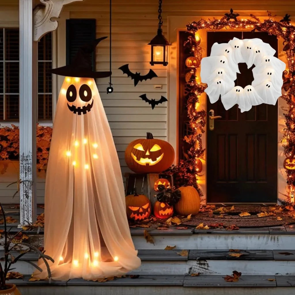 🔥 2025 HOT SALE -👻 ✨ Spooky Halloween Glow Wreath – Light Up Your Home with LED Ghostly Charm